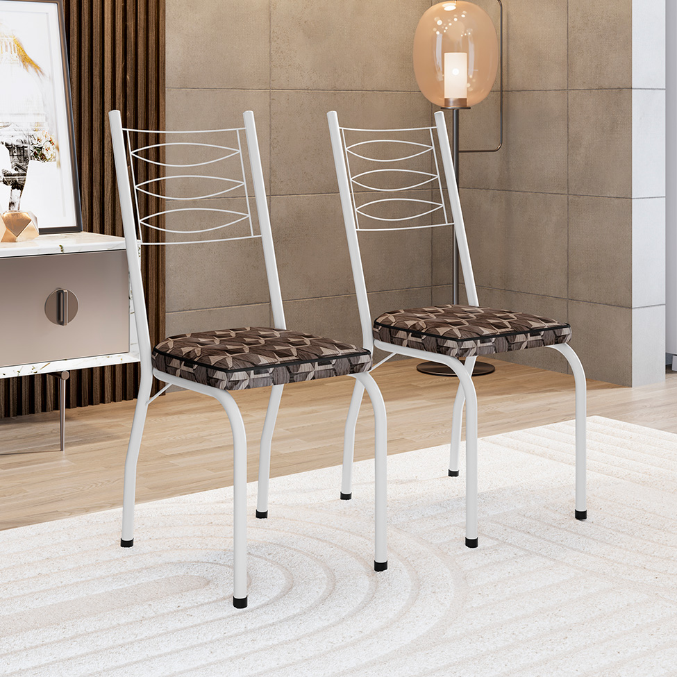 Conjunto de Mesa Retangular com Tampo de MDP Amadeirado e 6 Cadeiras Adriana I Revestimento Sintético Palha e Branco