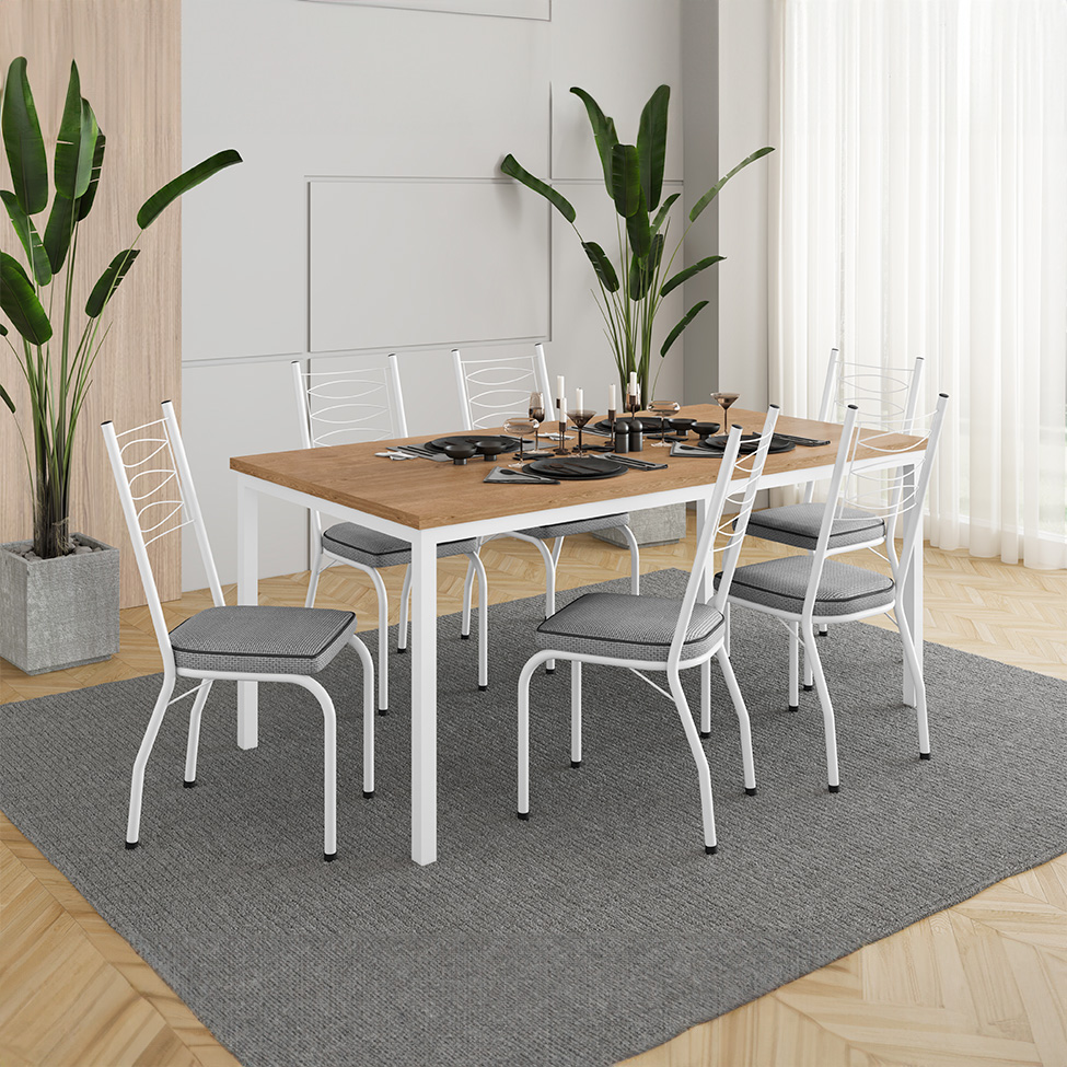 Conjunto de Mesa Retangular com Tampo de MDP Amadeirado e 6 Cadeiras Adriana I Revestimento Sintético Platina e Branco
