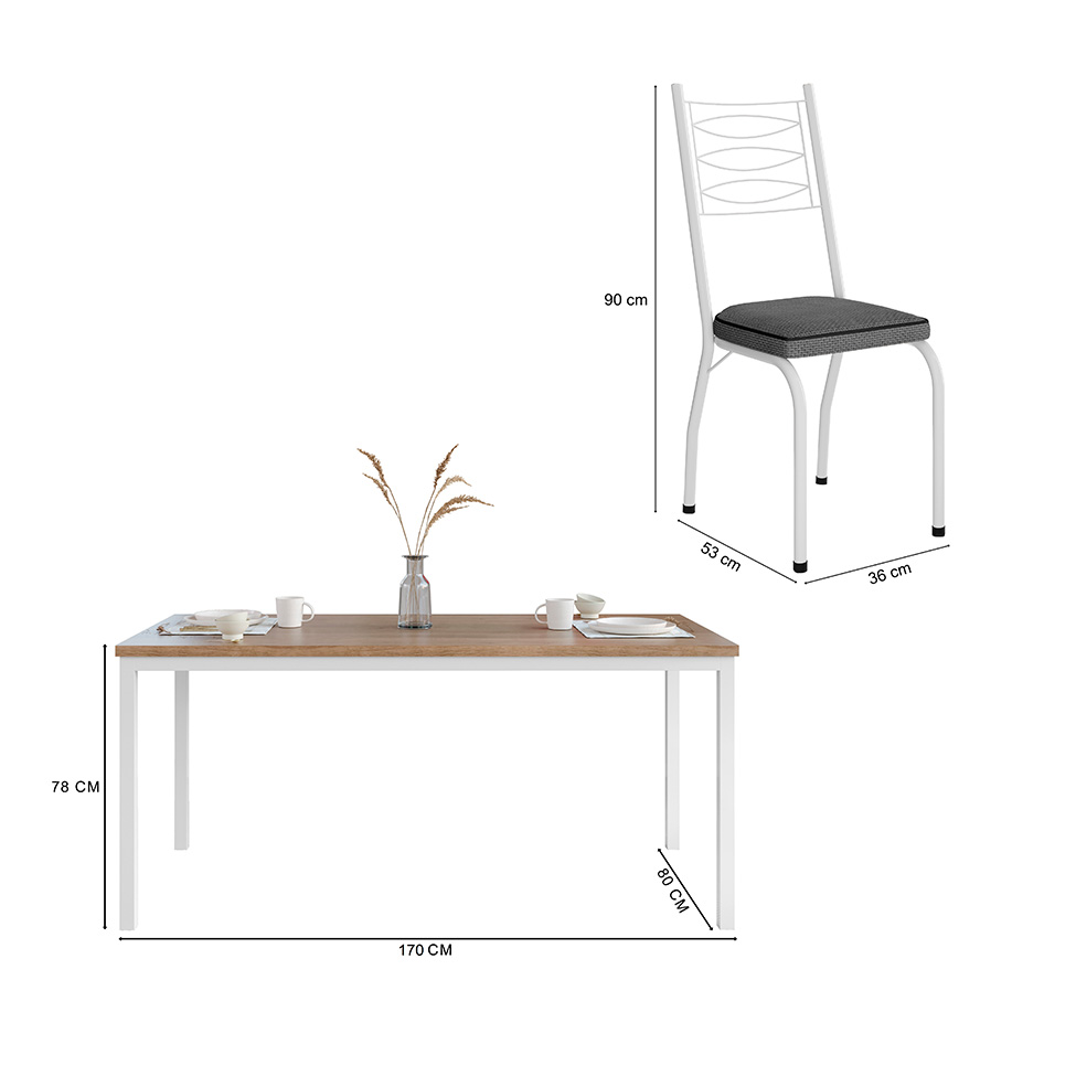 Conjunto de Mesa Retangular com Tampo de MDP Amadeirado e 6 Cadeiras Adriana I Revestimento Sintético Platina e Branco