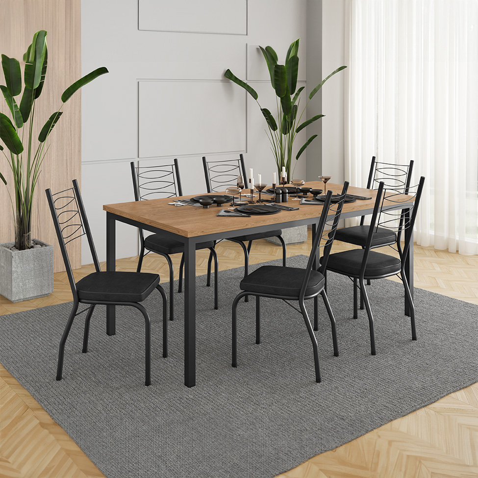 Conjunto de Mesa Retangular com Tampo de MDP Amadeirado e 6 Cadeiras Adriana I Revestimento Sintético Preto