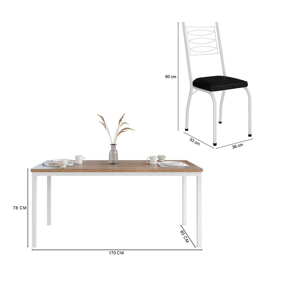 Conjunto de Mesa Retangular com Tampo de MDP Amadeirado e 6 Cadeiras Adriana I Revestimento Sintético Preto e Branco