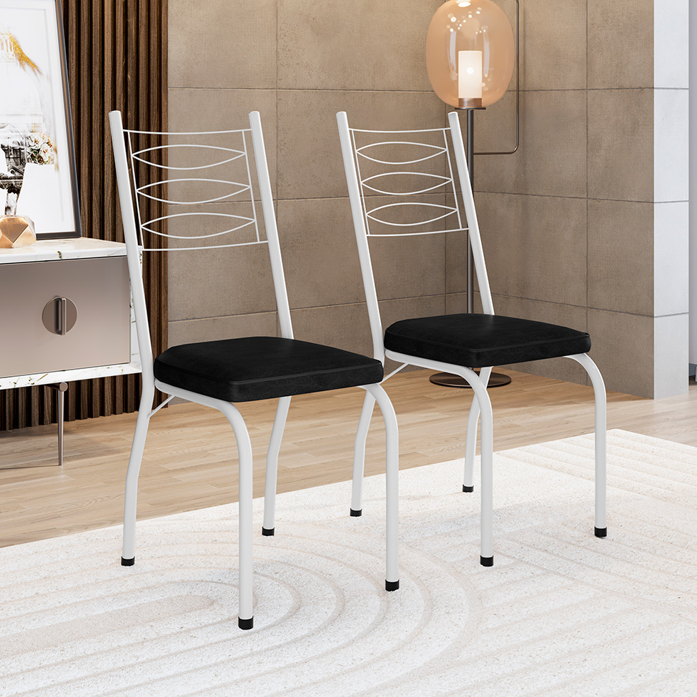 Conjunto de Mesa Retangular com Tampo de MDP Amadeirado e 6 Cadeiras Adriana I Revestimento Sintético Preto e Branco
