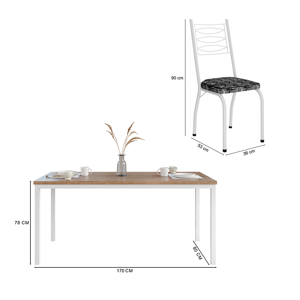 Conjunto de Mesa Retangular com Tampo de MDP Amadeirado e 6 Cadeiras Adriana I Revestimento Sintético Silver e Branco