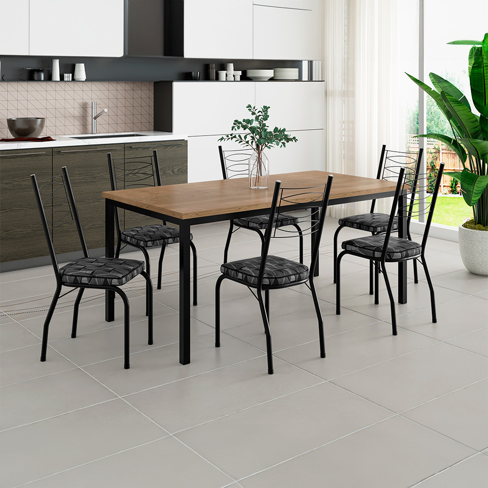Conjunto de Mesa Retangular com Tampo de MDP Amadeirado e 6 Cadeiras Adriana I Revestimento Sintético Silver e Preto