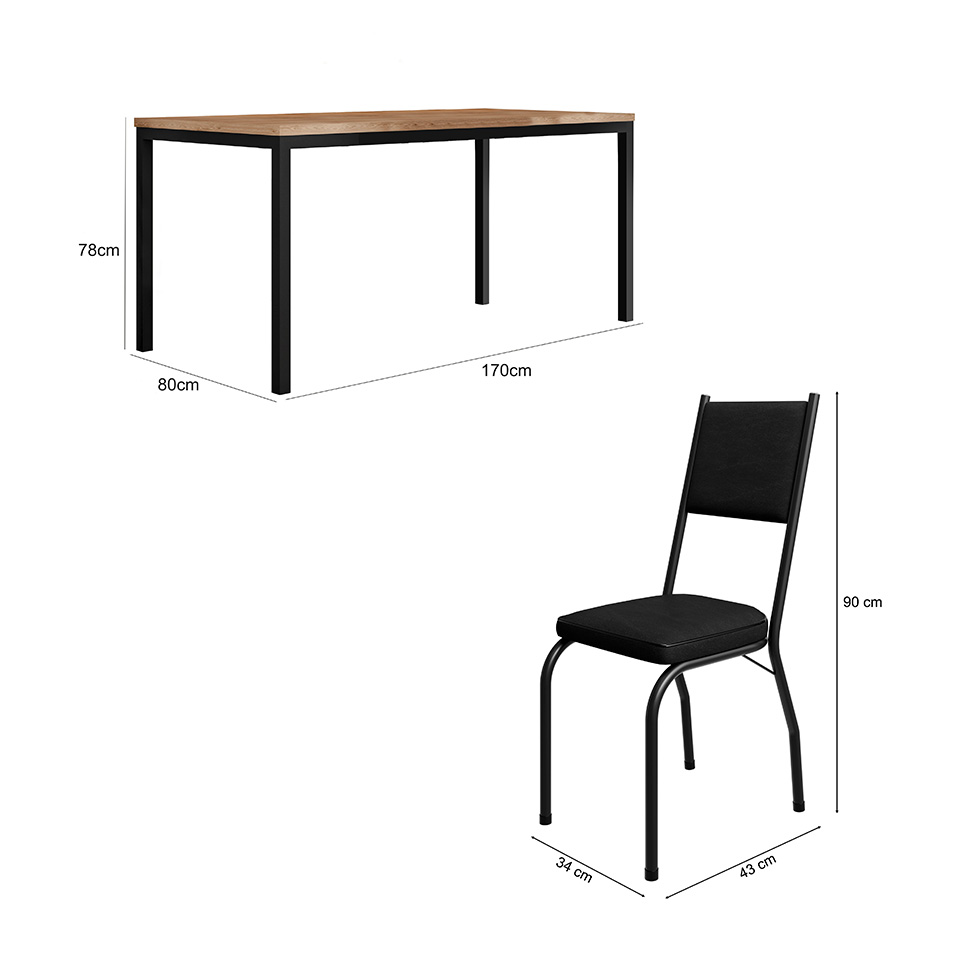Conjunto de Mesa Retangular com Tampo de MDP Amadeirado e 6 Cadeiras Adriana II Revestimento Sintético Cacau e Preto