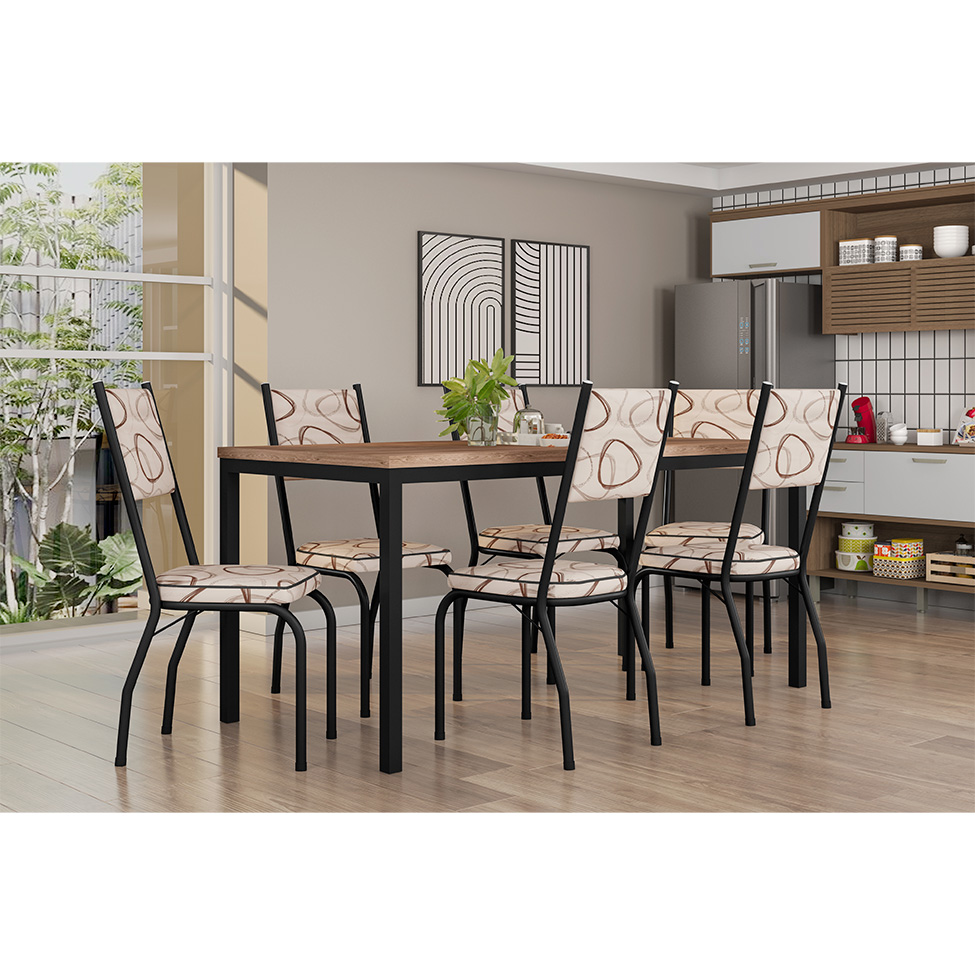 Conjunto de Mesa Retangular com Tampo de MDP Amadeirado e 6 Cadeiras Adriana II Revestimento Sintético Cedro e Preto