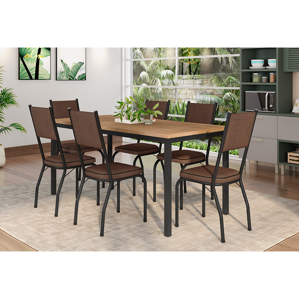 Conjunto de Mesa Retangular com Tampo de MDP Amadeirado e 6 Cadeiras Adriana II Revestimento Sintético Imbuia e Preto