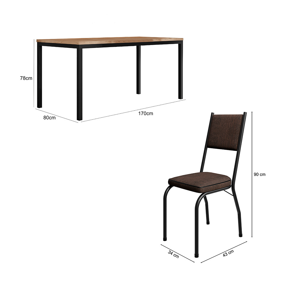 Conjunto de Mesa Retangular com Tampo de MDP Amadeirado e 6 Cadeiras Adriana II Revestimento Sintético Imbuia e Preto