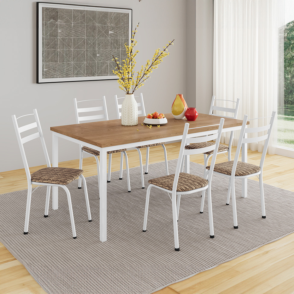 Conjunto de Mesa Retangular com Tampo de MDP Amadeirado e 6 Cadeiras Adriana III Revestimento Sintético Bege e Branco