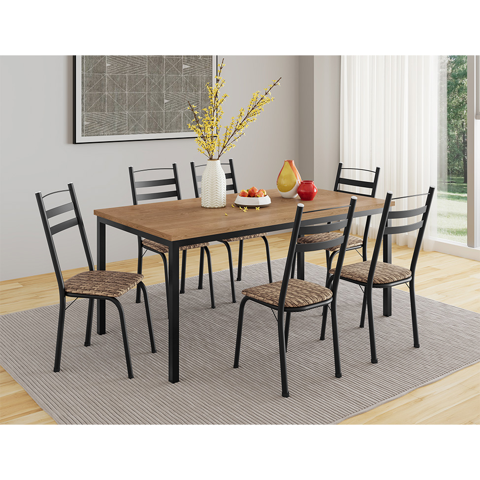 Conjunto de Mesa Retangular com Tampo de MDP Amadeirado e 6 Cadeiras Adriana III Revestimento Sintético Bege e Preto
