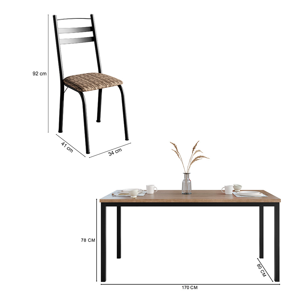 Conjunto de Mesa Retangular com Tampo de MDP Amadeirado e 6 Cadeiras Adriana III Revestimento Sintético Bege e Preto