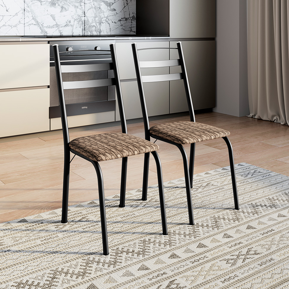Conjunto de Mesa Retangular com Tampo de MDP Amadeirado e 6 Cadeiras Adriana III Revestimento Sintético Bege e Preto