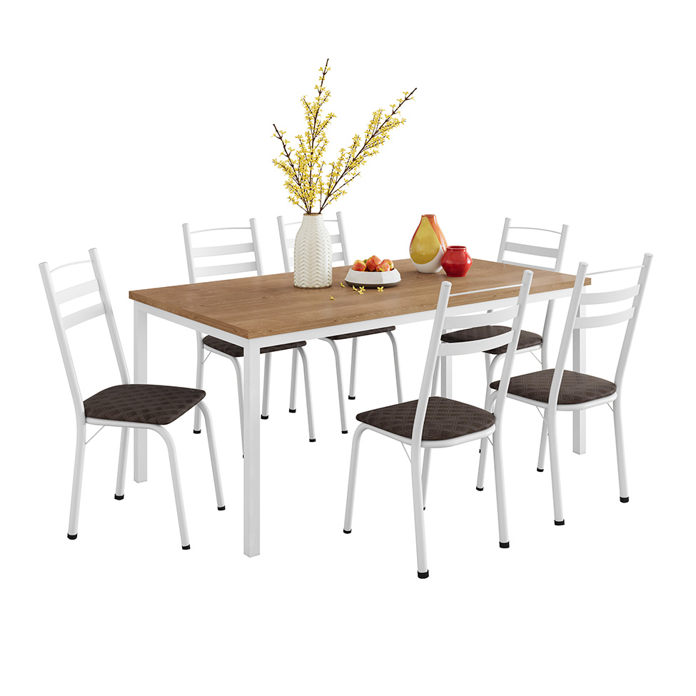 Conjunto de Mesa Retangular com Tampo de MDP Amadeirado e 6 Cadeiras Adriana III Revestimento Sintético Cacau e Branco