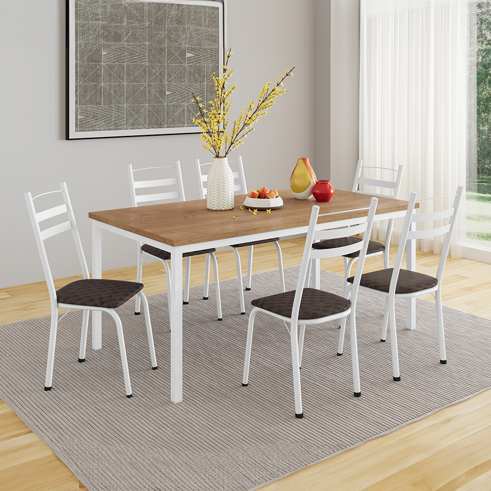 Conjunto de Mesa Retangular com Tampo de MDP Amadeirado e 6 Cadeiras Adriana III Revestimento Sintético Cacau e Branco
