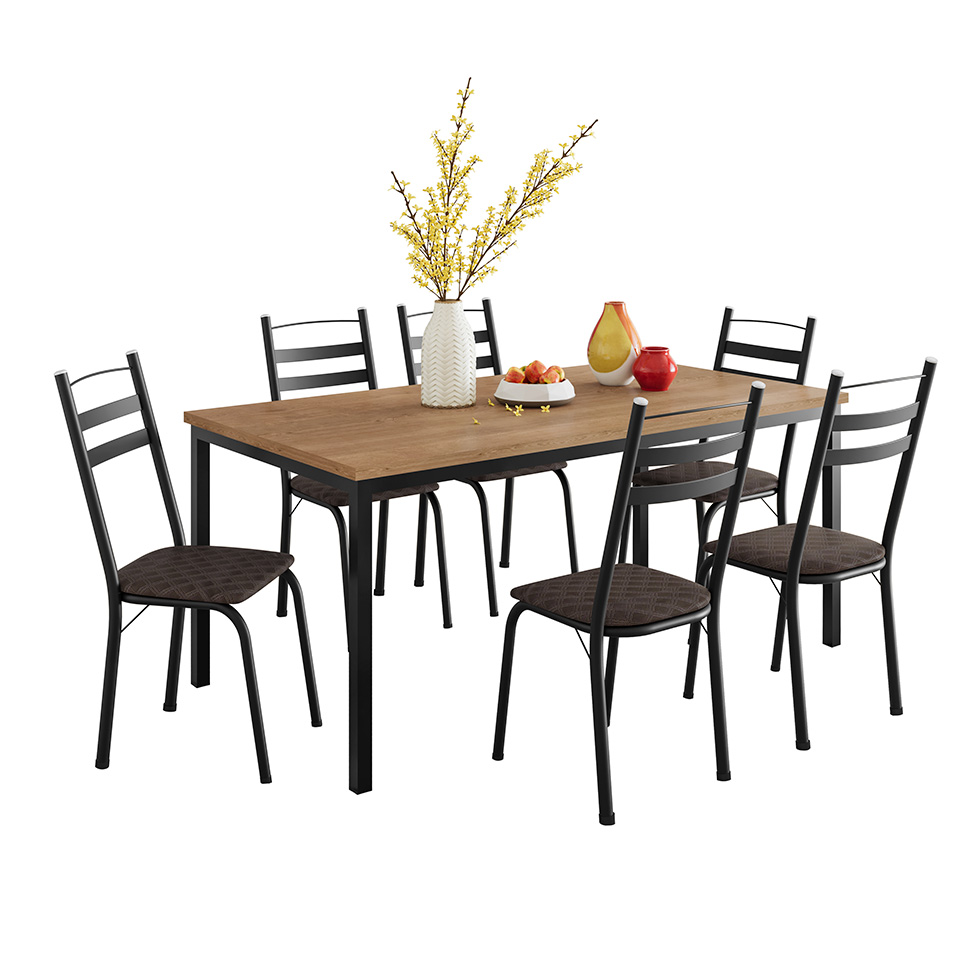 Conjunto de Mesa Retangular com Tampo de MDP Amadeirado e 6 Cadeiras Adriana III Revestimento Sintético Cacau e Preto