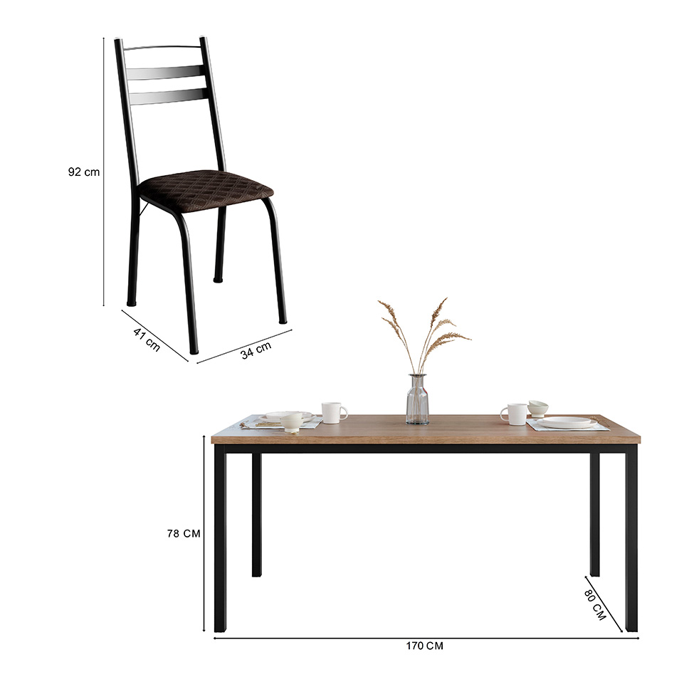 Conjunto de Mesa Retangular com Tampo de MDP Amadeirado e 6 Cadeiras Adriana III Revestimento Sintético Cacau e Preto