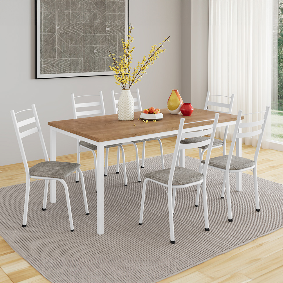 Conjunto de Mesa Retangular com Tampo de MDP Amadeirado e 6 Cadeiras Adriana III Revestimento Sintético Cinza Claro e Branco