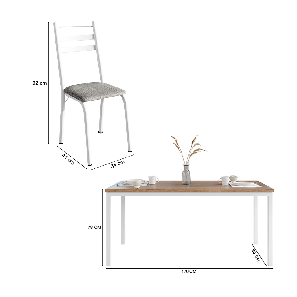 Conjunto de Mesa Retangular com Tampo de MDP Amadeirado e 6 Cadeiras Adriana III Revestimento Sintético Cinza Claro e Branco