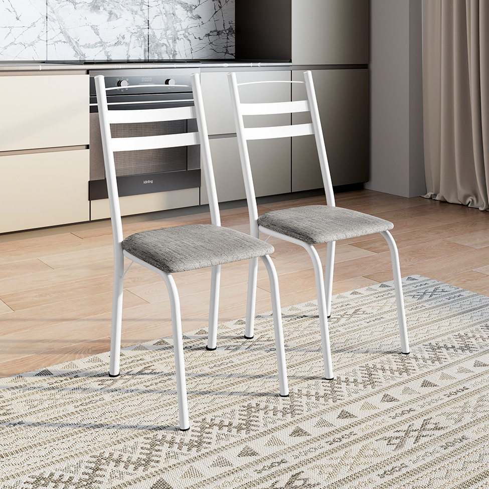 Conjunto de Mesa Retangular com Tampo de MDP Amadeirado e 6 Cadeiras Adriana III Revestimento Sintético Cinza Claro e Branco