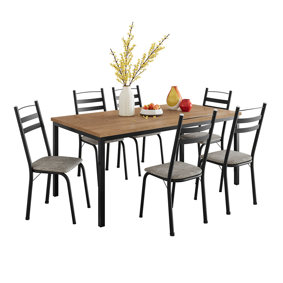 Conjunto de Mesa Retangular com Tampo de MDP Amadeirado e 6 Cadeiras Adriana III Revestimento Sintético Cinza Claro e Preto