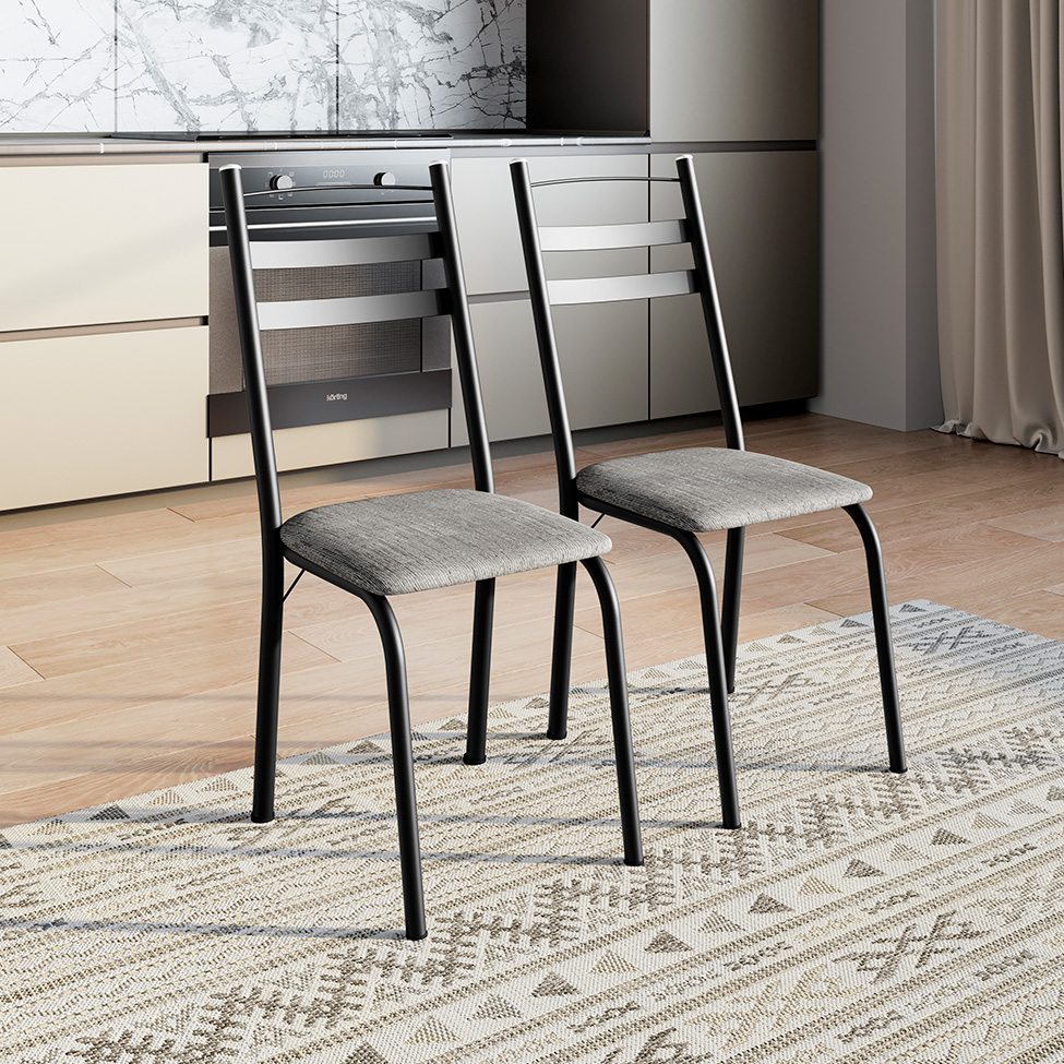 Conjunto de Mesa Retangular com Tampo de MDP Amadeirado e 6 Cadeiras Adriana III Revestimento Sintético Cinza Claro e Preto