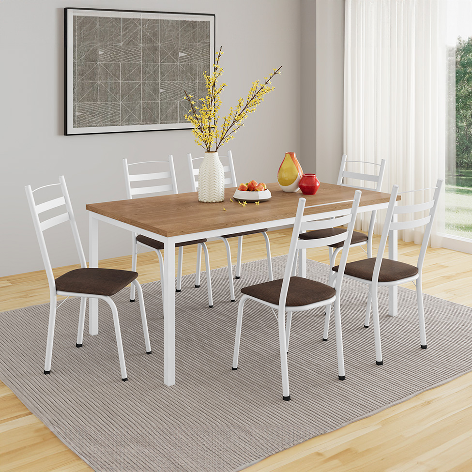 Conjunto de Mesa Retangular com Tampo de MDP Amadeirado e 6 Cadeiras Adriana III Revestimento Sintético Imbuia e Branco