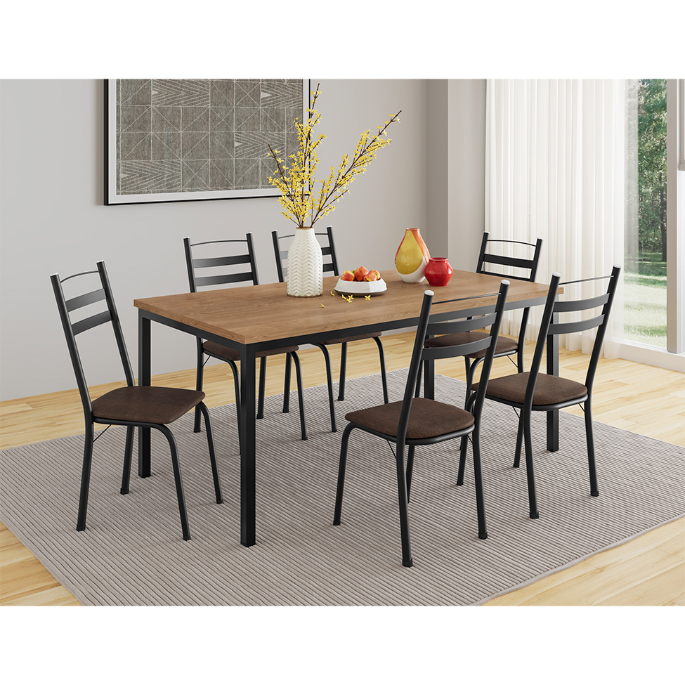Conjunto de Mesa Retangular com Tampo de MDP Amadeirado e 6 Cadeiras Adriana III Revestimento Sintético Imbuia e Preto