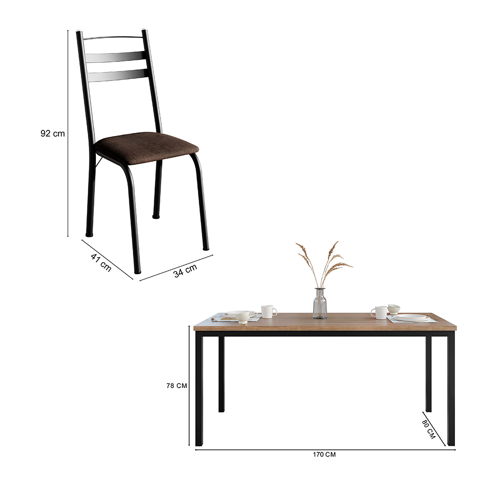 Conjunto de Mesa Retangular com Tampo de MDP Amadeirado e 6 Cadeiras Adriana III Revestimento Sintético Imbuia e Preto