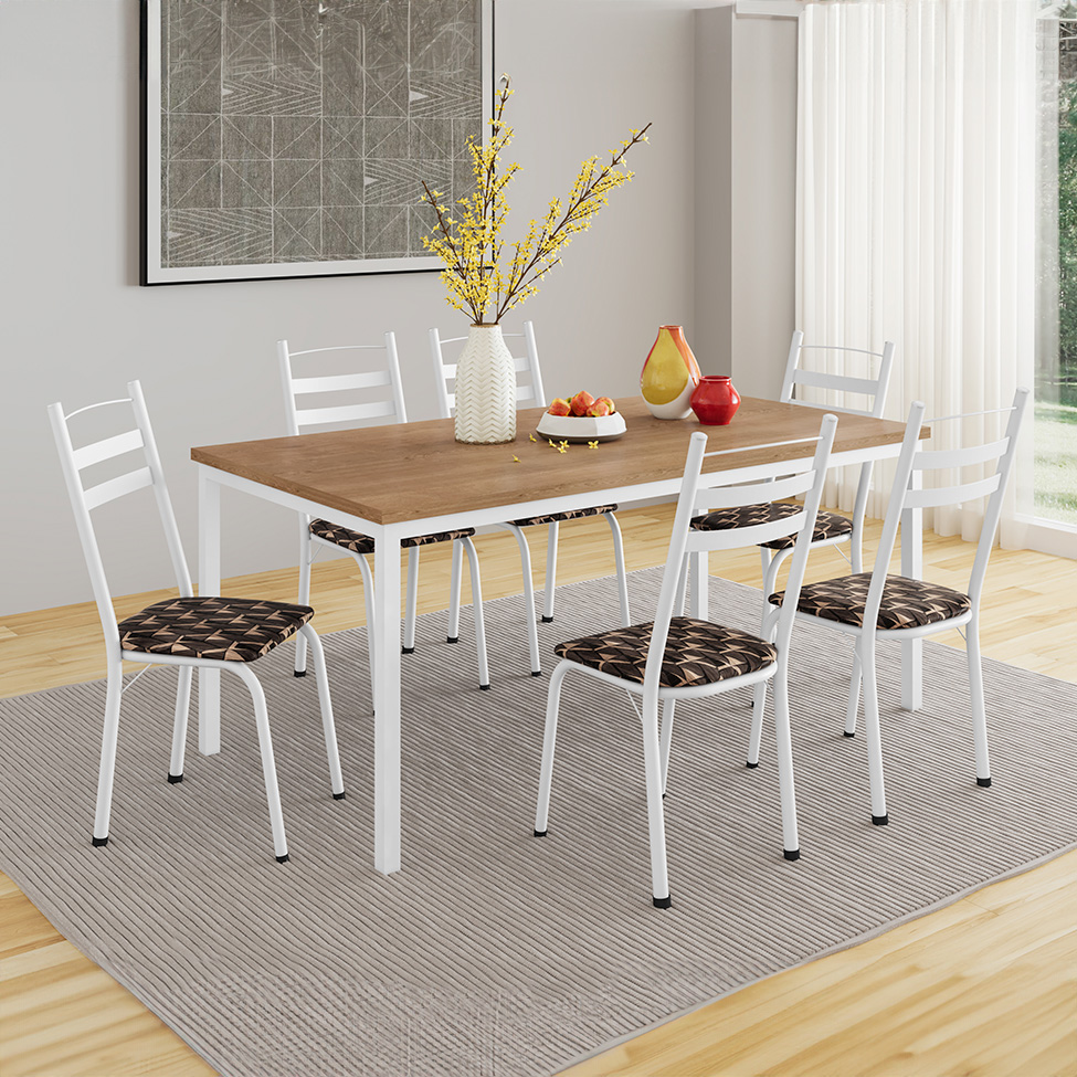 Conjunto de Mesa Retangular com Tampo de MDP Amadeirado e 6 Cadeiras Adriana III Revestimento Sintético Palha e Branco