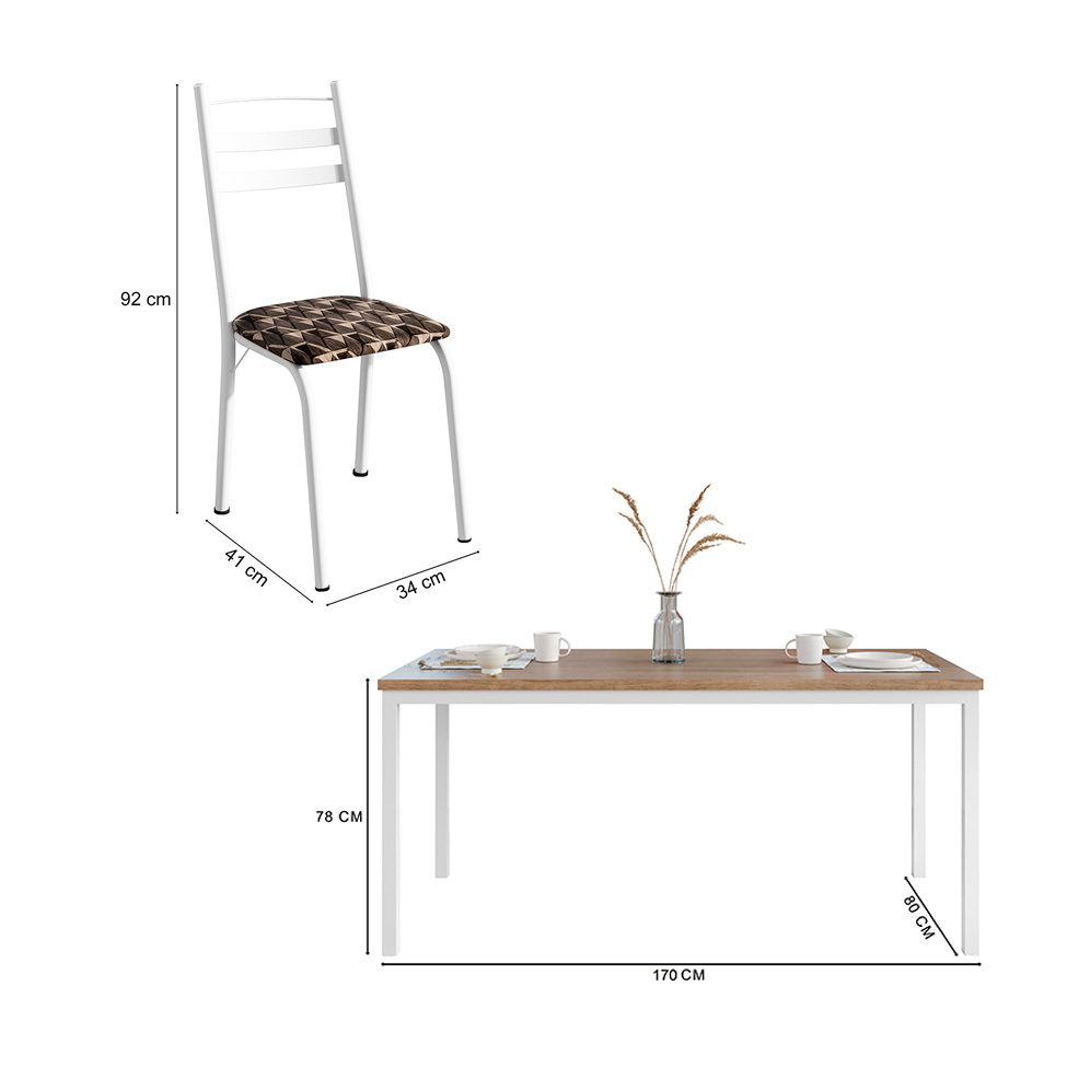 Conjunto de Mesa Retangular com Tampo de MDP Amadeirado e 6 Cadeiras Adriana III Revestimento Sintético Palha e Branco