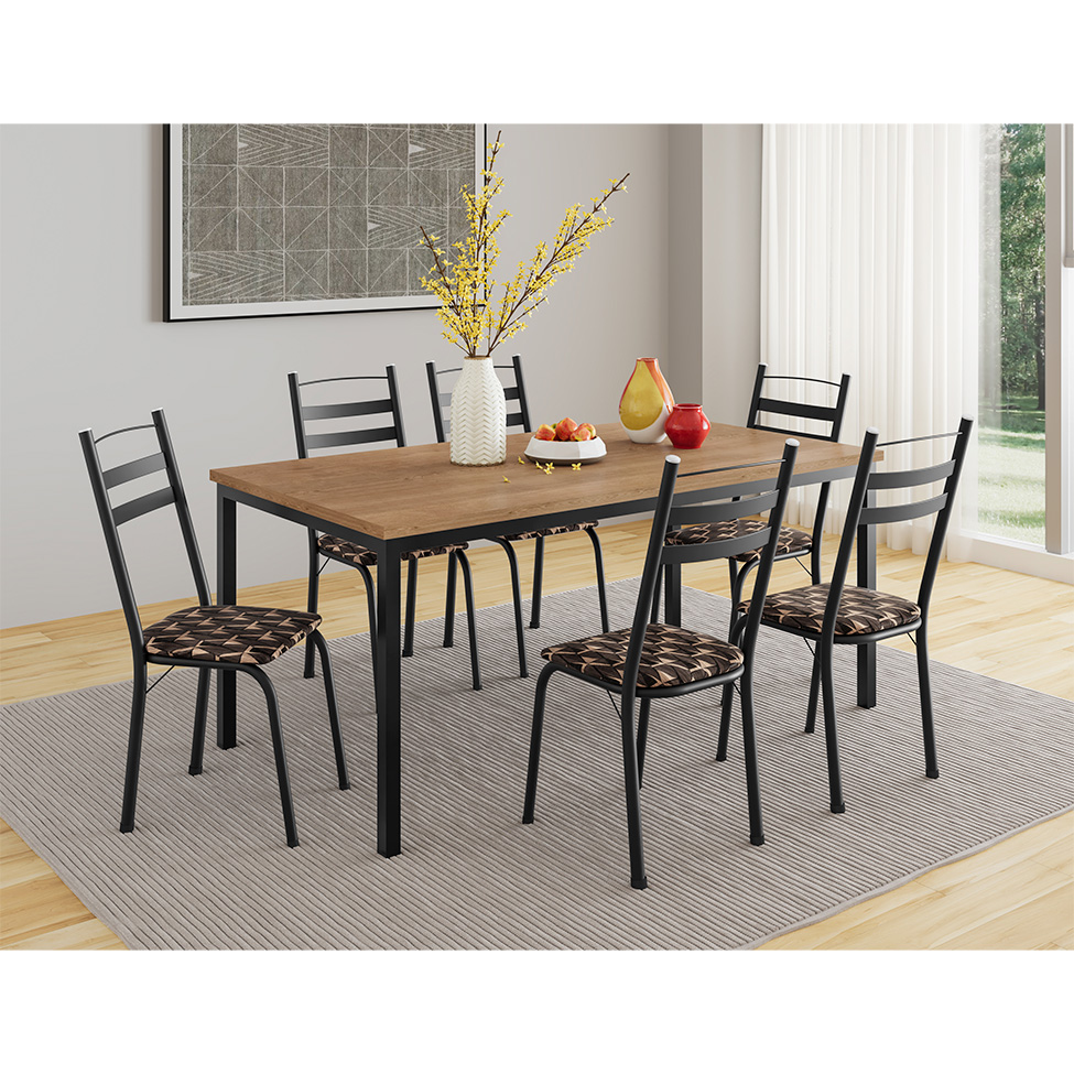 Conjunto de Mesa Retangular com Tampo de MDP Amadeirado e 6 Cadeiras Adriana III Revestimento Sintético Palha e Preto