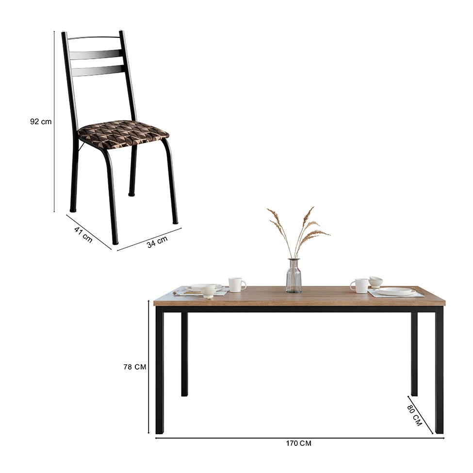 Conjunto de Mesa Retangular com Tampo de MDP Amadeirado e 6 Cadeiras Adriana III Revestimento Sintético Palha e Preto
