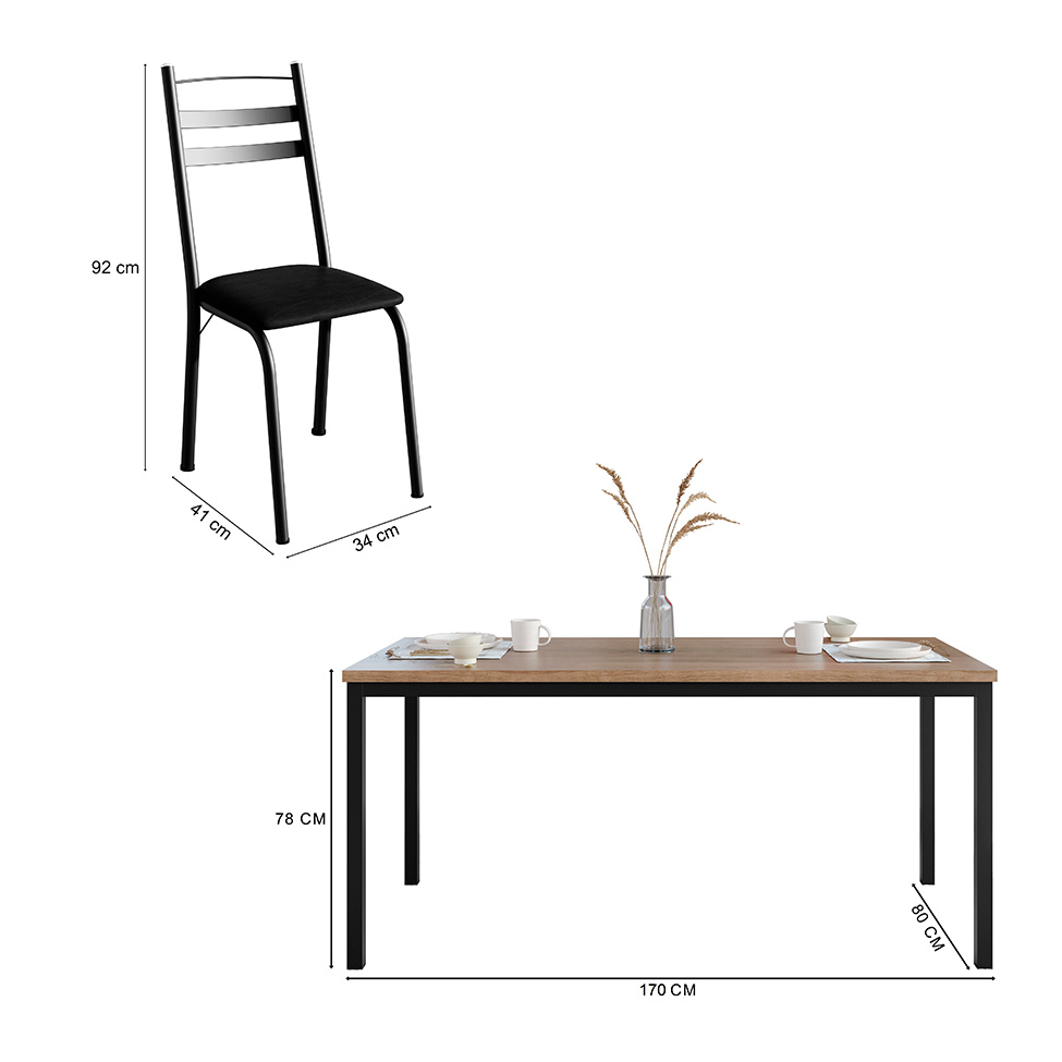 Conjunto de Mesa Retangular com Tampo de MDP Amadeirado e 6 Cadeiras Adriana III Revestimento Sintético Preto