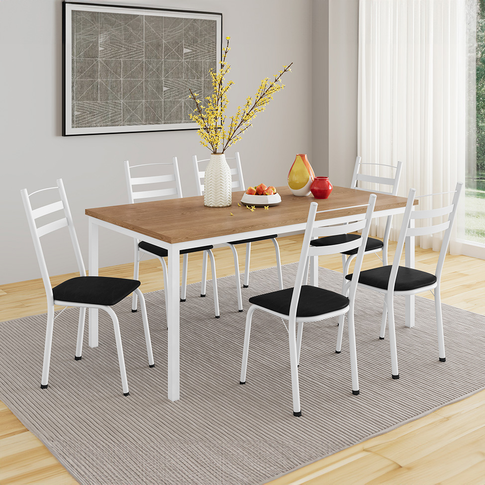 Conjunto de Mesa Retangular com Tampo de MDP Amadeirado e 6 Cadeiras Adriana III Revestimento Sintético Preto e Branco