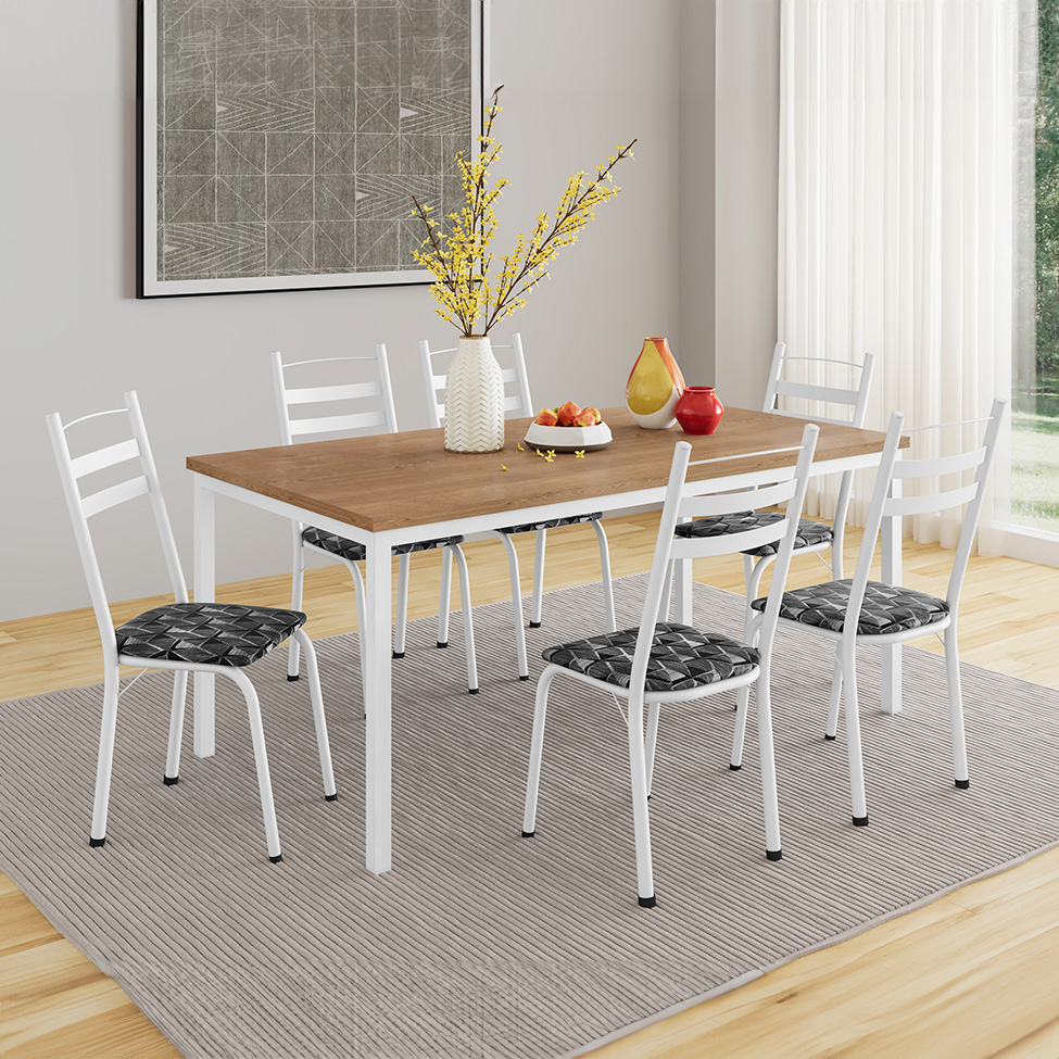 Conjunto de Mesa Retangular com Tampo de MDP Amadeirado e 6 Cadeiras Adriana III Revestimento Sintético Silver e Branco