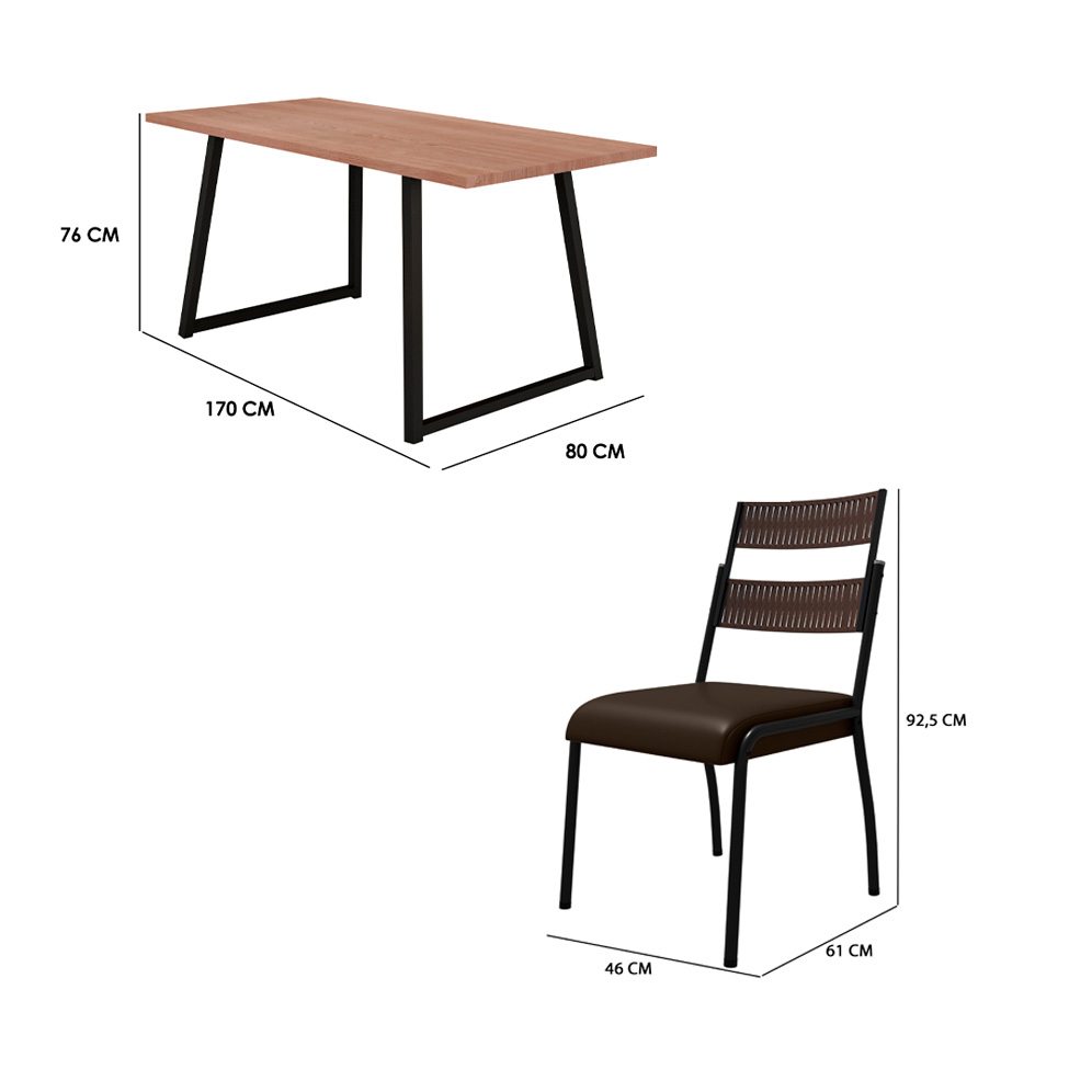 Conjunto de Mesa Retangular com Tampo de MDP Marrom Claro Atlanta e 6 Cadeiras Atenas Revestimento Sintético Marrom e Preto