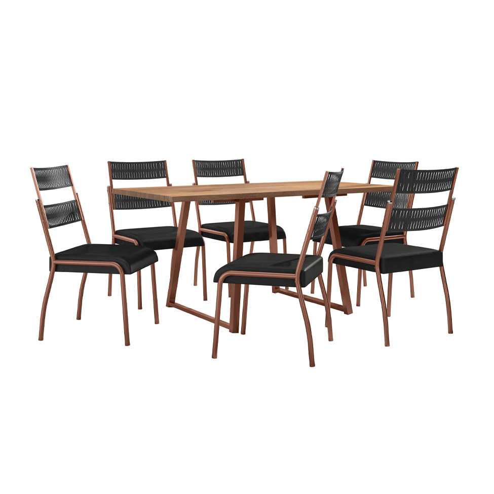 Conjunto de Mesa Retangular com Tampo de MDP Marrom Claro Atlanta e 6 Cadeiras Atenas Revestimento Sintético Preto e Cobre