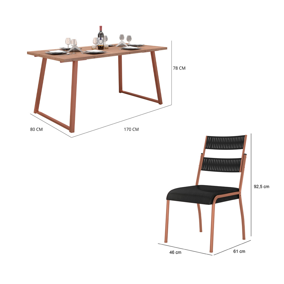 Conjunto de Mesa Retangular com Tampo de MDP Marrom Claro Atlanta e 6 Cadeiras Atenas Revestimento Sintético Preto e Cobre