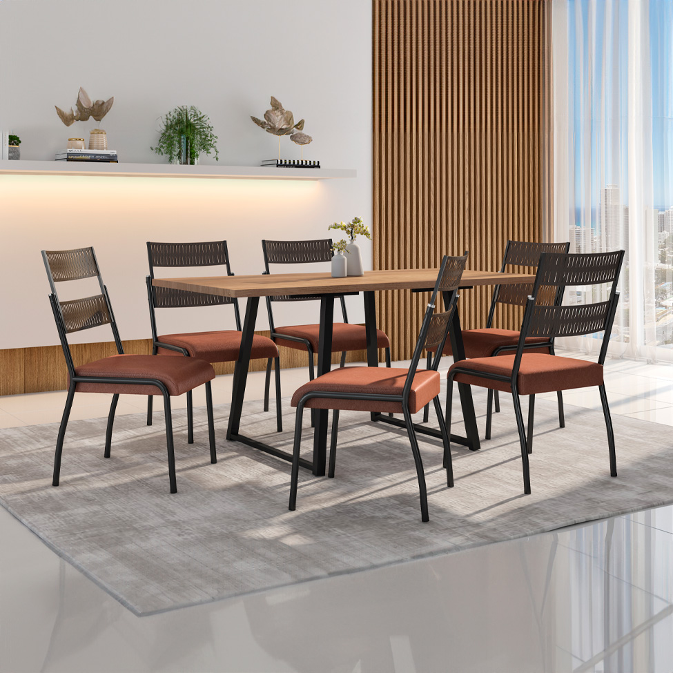 Conjunto de Mesa Retangular com Tampo de MDP Marrom Claro Atlanta e 6 Cadeiras Atenas Revestimento Sintético Terracota e Preto