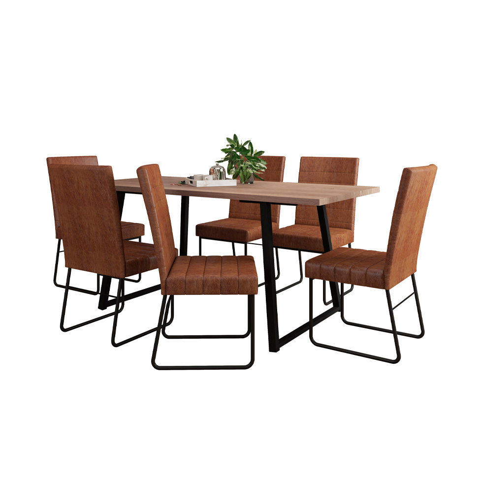 Conjunto de Mesa Retangular com Tampo de MDP Marrom Claro Atlanta e 6 Cadeiras Olímpia Revestimento Sintético Terracota e Preto