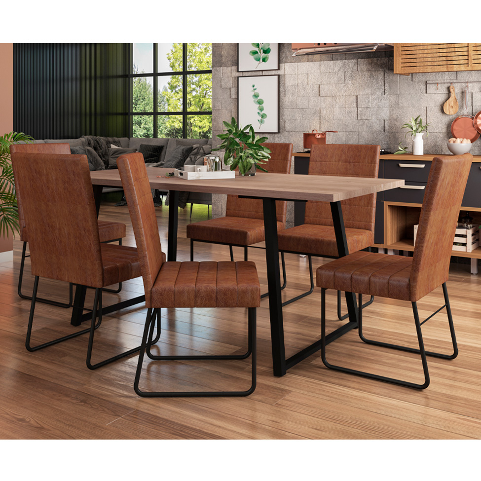 Conjunto de Mesa Retangular com Tampo de MDP Marrom Claro Atlanta e 6 Cadeiras Olímpia Revestimento Sintético Terracota e Preto