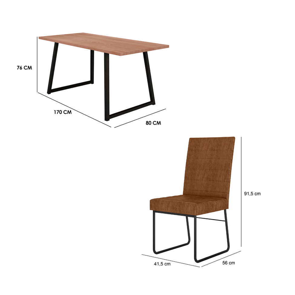 Conjunto de Mesa Retangular com Tampo de MDP Marrom Claro Atlanta e 6 Cadeiras Olímpia Revestimento Sintético Terracota e Preto