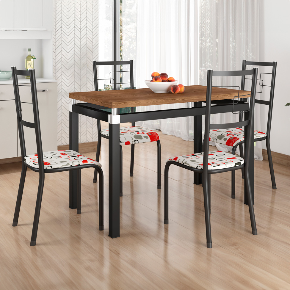 Conjunto de Mesa Retangular com Tampo de MDP Marrom Copenhague e 4 Cadeiras Monterrey Revestimento Sintético Branco e Preto
