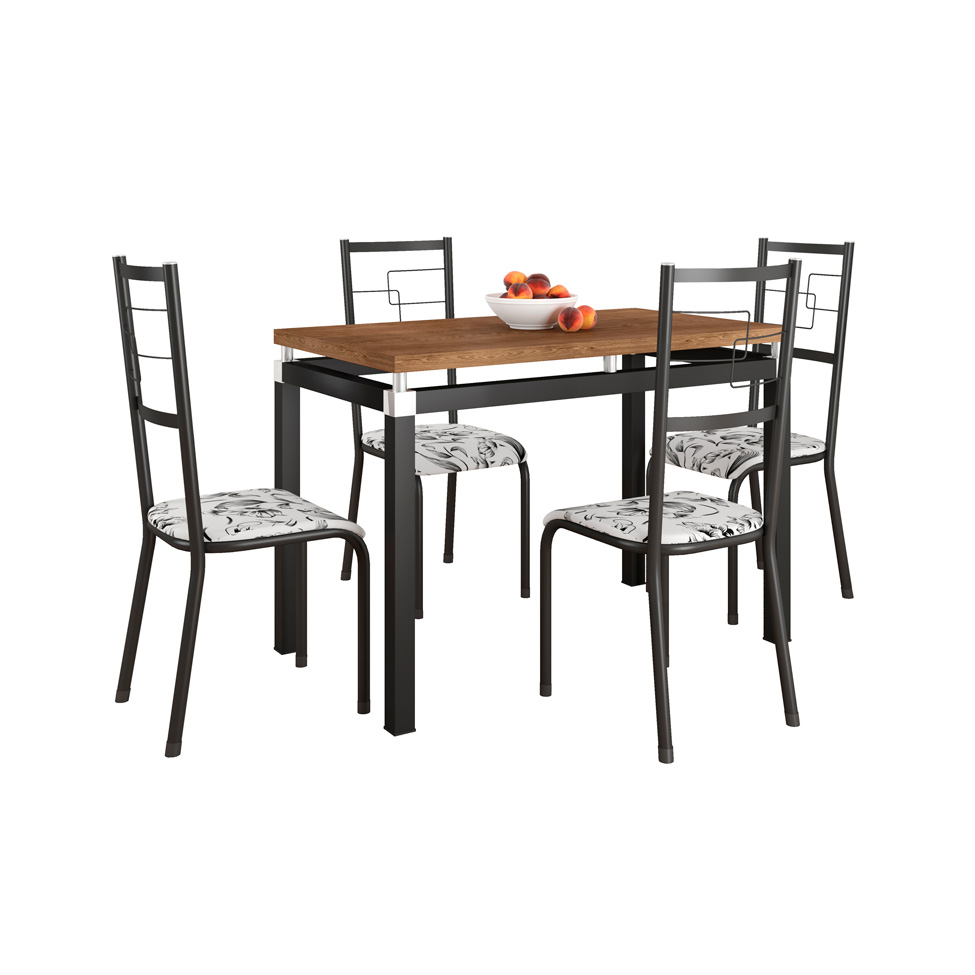Conjunto de Mesa Retangular com Tampo de MDP Marrom Copenhague e 4 Cadeiras Monterrey Revestimento Sintético Florido Branco e Preto