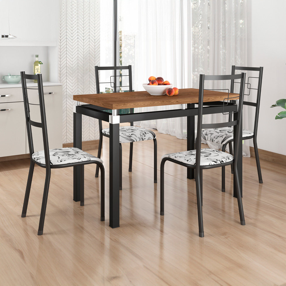Conjunto de Mesa Retangular com Tampo de MDP Marrom Copenhague e 4 Cadeiras Monterrey Revestimento Sintético Florido Branco e Preto