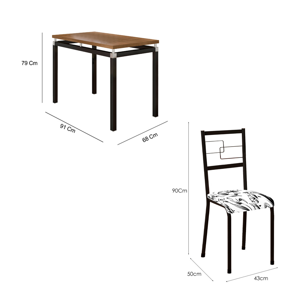 Conjunto de Mesa Retangular com Tampo de MDP Marrom Copenhague e 4 Cadeiras Monterrey Revestimento Sintético Florido Branco e Preto
