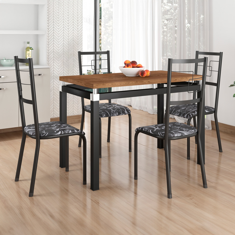 Conjunto de Mesa Retangular com Tampo de MDP Marrom Copenhague e 4 Cadeiras Monterrey Revestimento Sintético Florido Preto e Branco