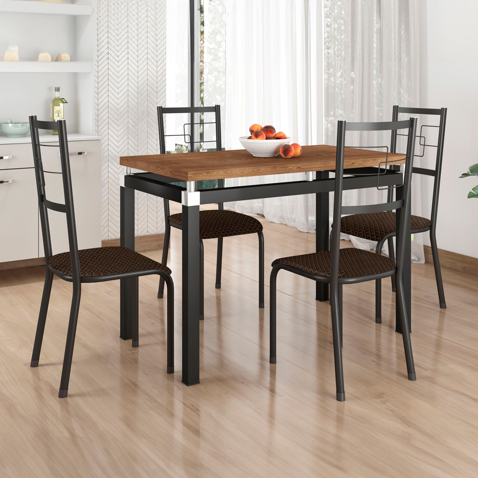 Conjunto de Mesa Retangular com Tampo de MDP Marrom Copenhague e 4 Cadeiras Monterrey Revestimento Sintético Marrom e Preto