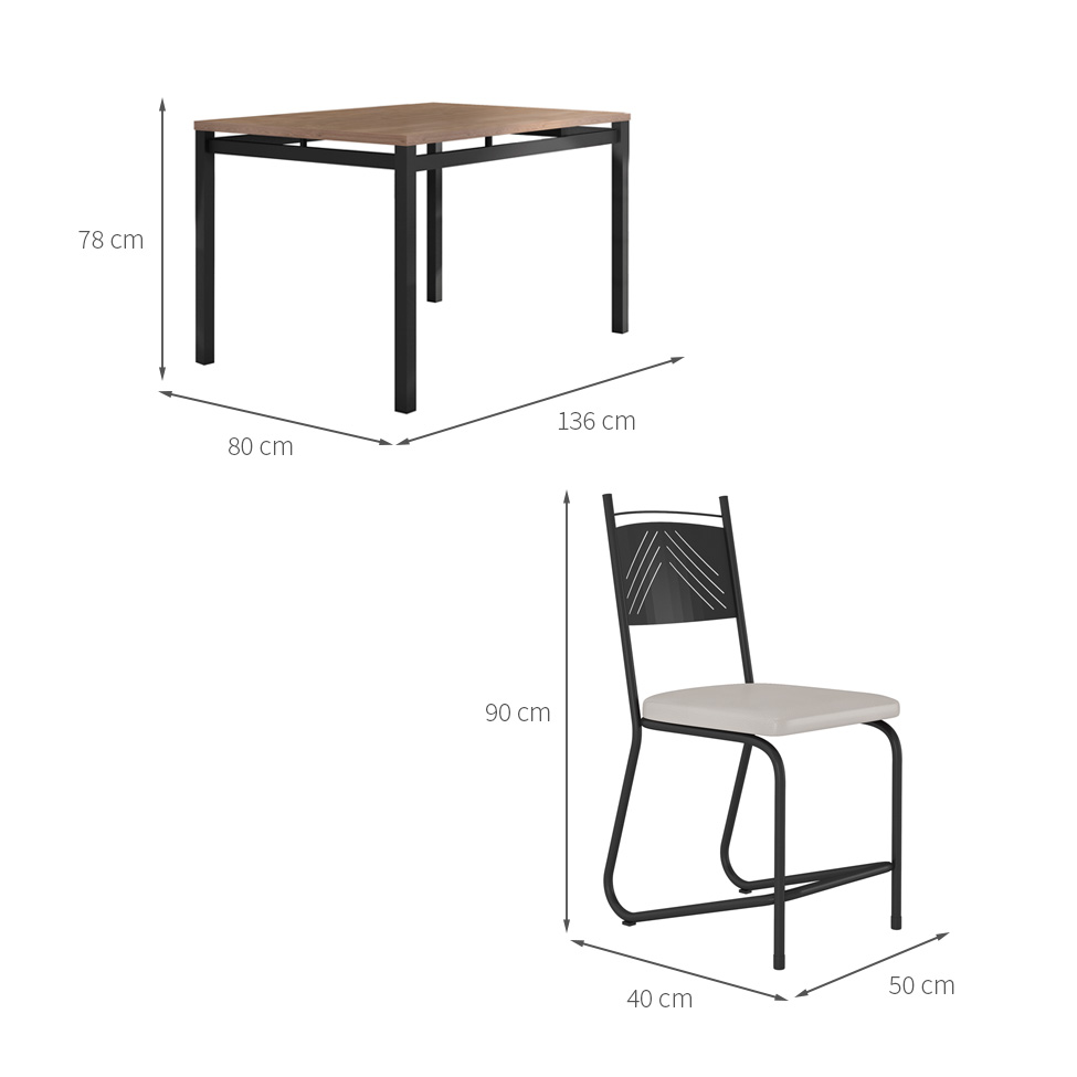 Conjunto de Mesa Retangular com Tampo de MDP Marrom Valência e 4 Cadeiras Marselha Revestimento Sintético Bege e Preto