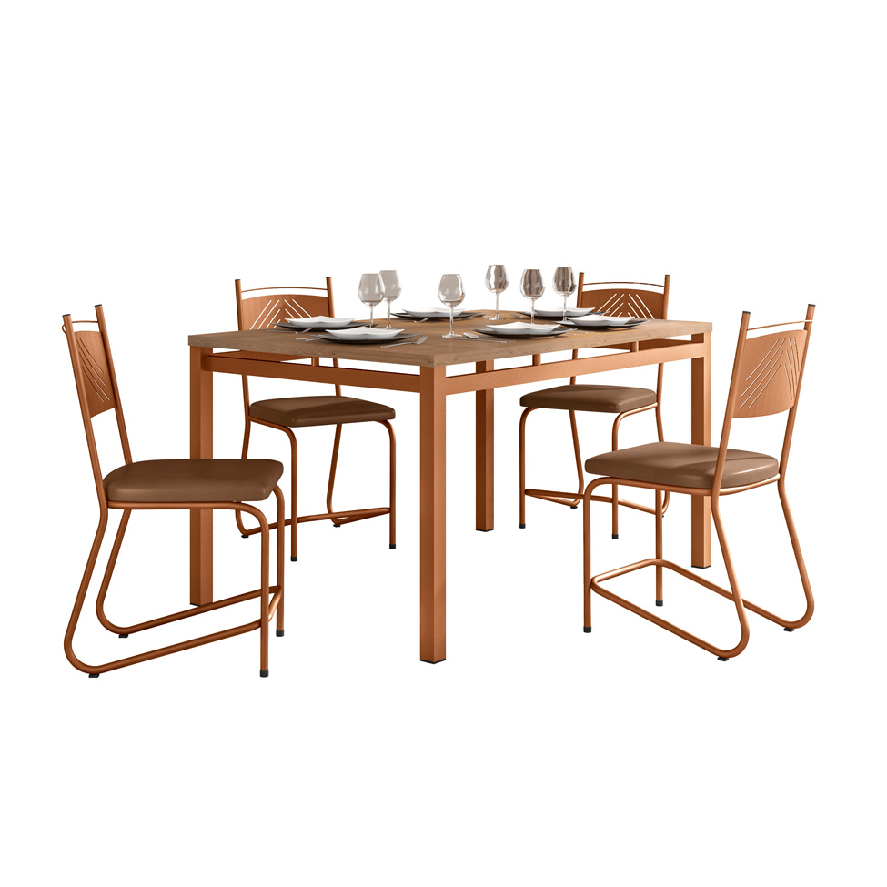 Conjunto de Mesa Retangular com Tampo de MDP Marrom Valência e 4 Cadeiras Marselha Revestimento Sintético Terracota e Cobre